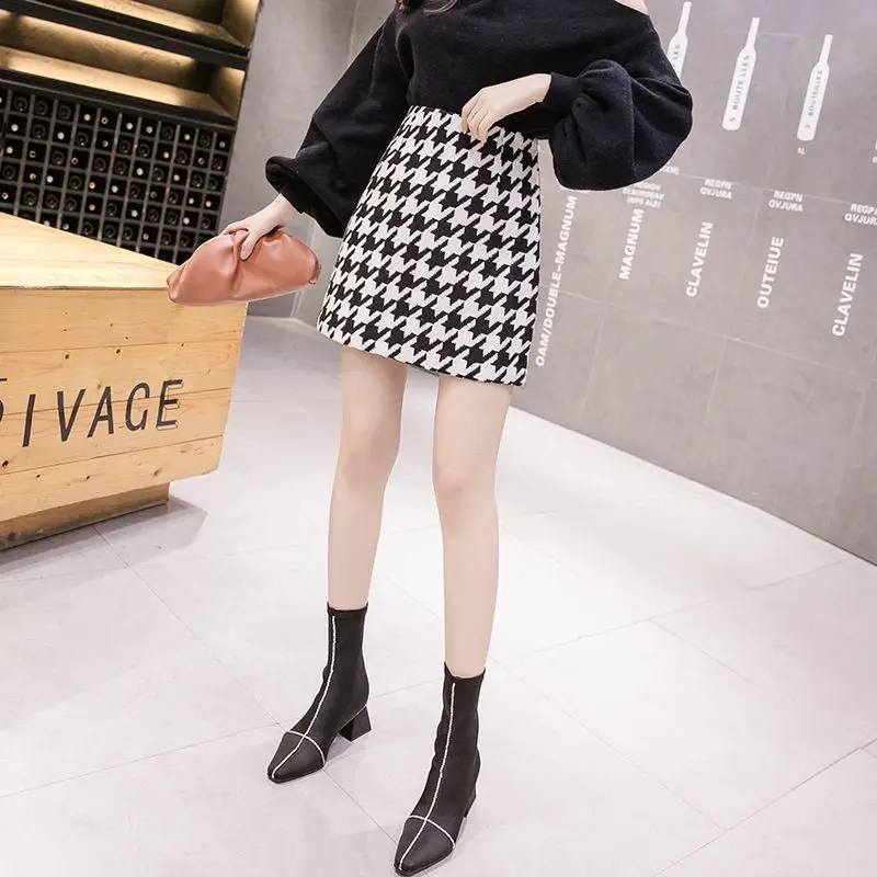 Клетчатые текстурированные Мини юбки для женщин осень одежда средняя талия черная юбка белая юбка трапециевидная подол Корейская юбка японская Милая