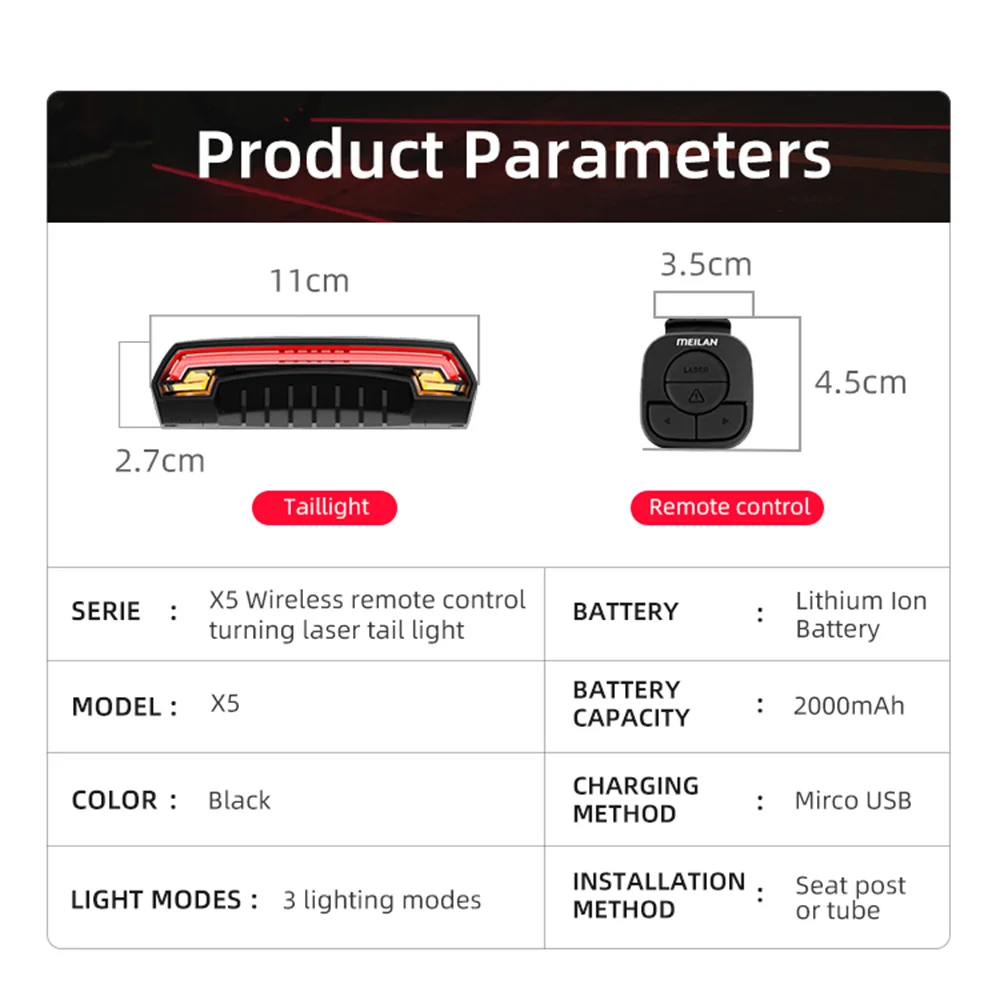 Meilan X5 Bicycle Light Wireless USB Chargeable LED Flash Light MTB Bike Lamp Waterproof Cycling Safety Warning Rear Tail Light