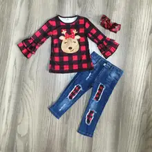 Рождественская осенне-зимняя одежда в красно-черную клетку с оленем для маленьких девочек джинсовые штаны, одежда Изысканная детская одежда с оборками и бантом