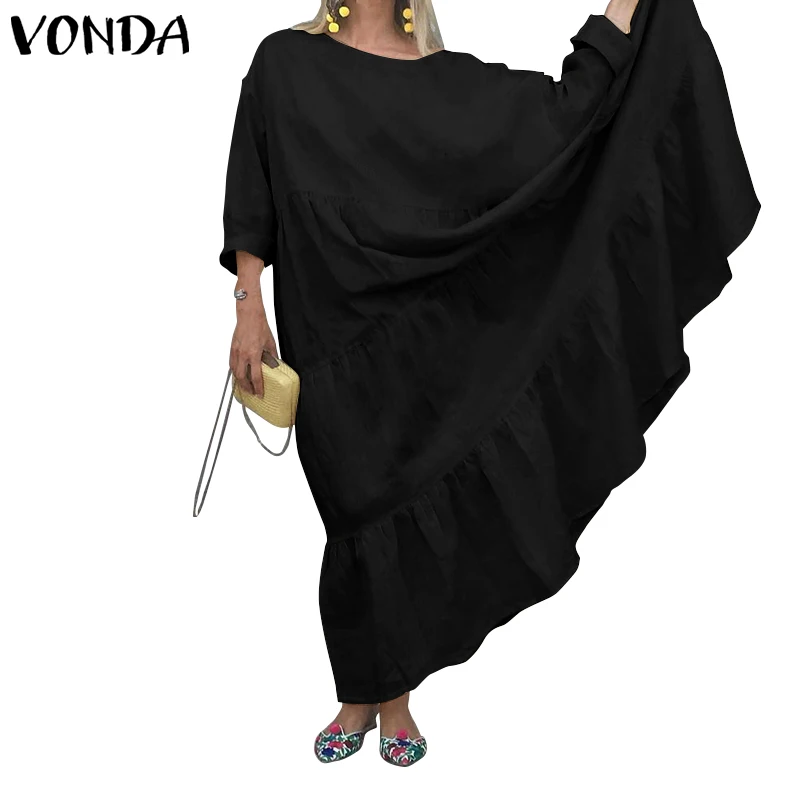 VONDA, женское осеннее богемное платье, сексуальные, с открытыми плечами, вечерние, макси, длинное платье, длина до пола, Vestidos, женский сарафан, халат для беременных - Цвет: Черный