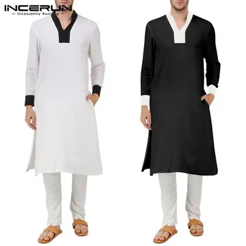 

INCERUN Men Islamic Arab Kaftan Vintage Long Sleeve V Neck Robes 2020 Patchwork Middle East Saudi Arabia Muslim Mens Jubba Thobe