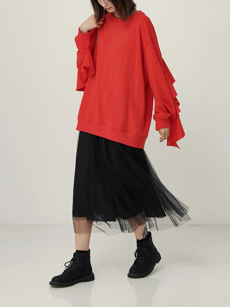 TVVOVVIN Autumn Solid Color Hoody Cotton Sweatshirts Female Solid Color Casual Women Sweatshirts Ruffled Fashion Tops B250