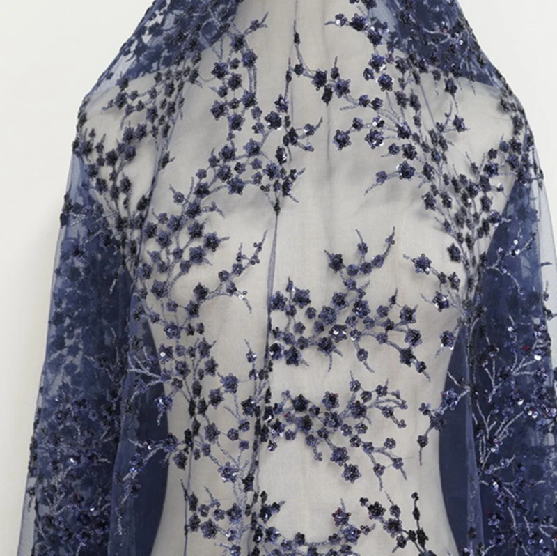 GLace 1Y/лот Темно-синяя блестящая Цветочная вышивка бисером сетчатая ткань с блестками ткань свадебное платье сценический фон ткань TX1601