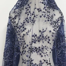 GLace 1Y/лот Темно-синяя блестящая Цветочная вышивка бисером сетчатая ткань с блестками ткань свадебное платье сценический фон ткань TX1601