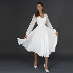 Elegant Chiffon Wedding Dress Puff Sleeves With Pleat Simple Summer Bridal Gown For Woman Tea Length White Beach Robe De Mariee