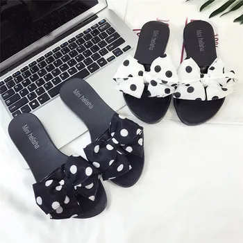

Women Fashion Summer Slippers Beach Sandals Flip Flop Slip On Summer Bow Polka Dot Flat Slides Slippers Lady Causal Slippers