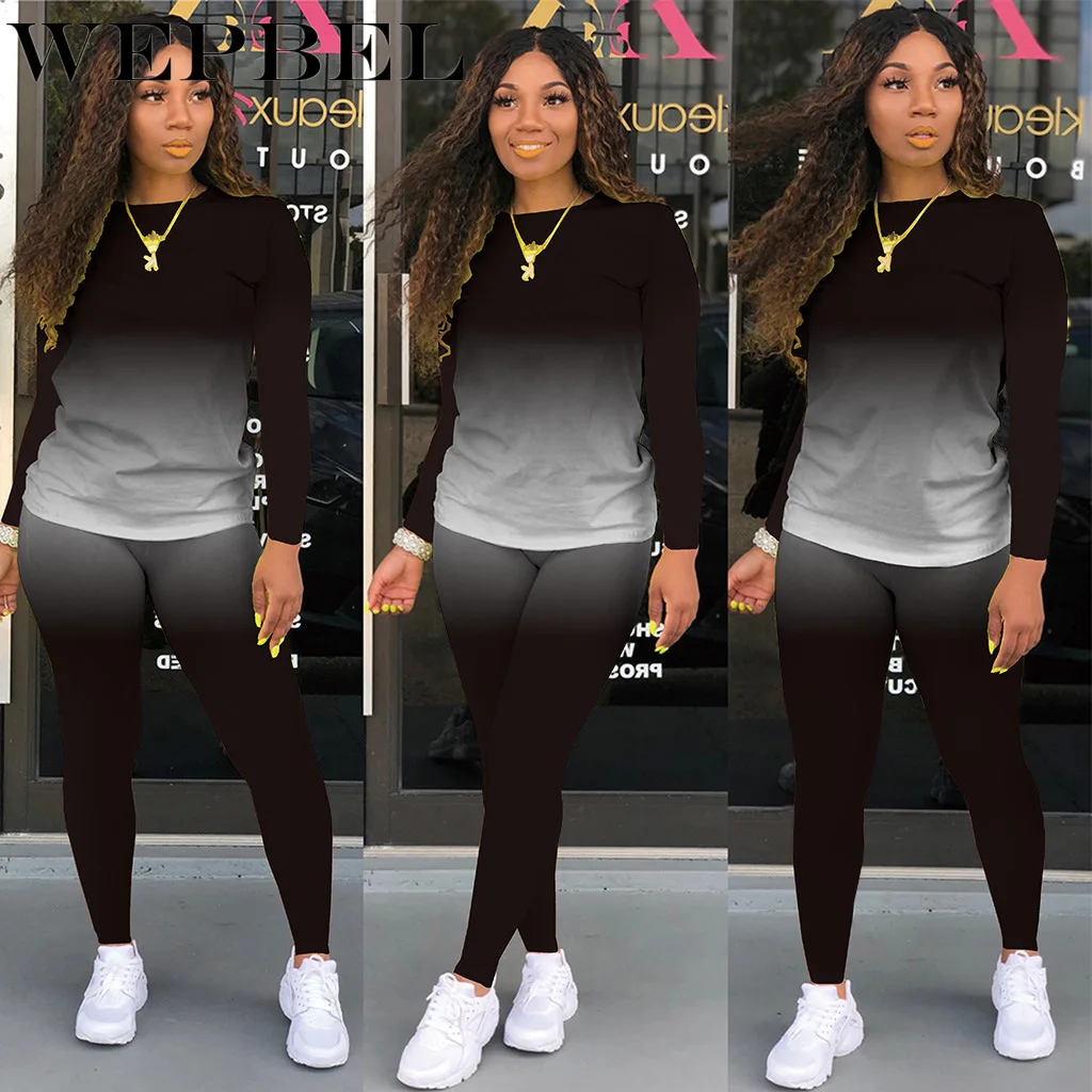 

WEPBEL Autumn Fashion Gradient Home Suit Women's Long Sleeve O-Neck T-shirt + Elastic Waist Pencil Pants Casual Suit
