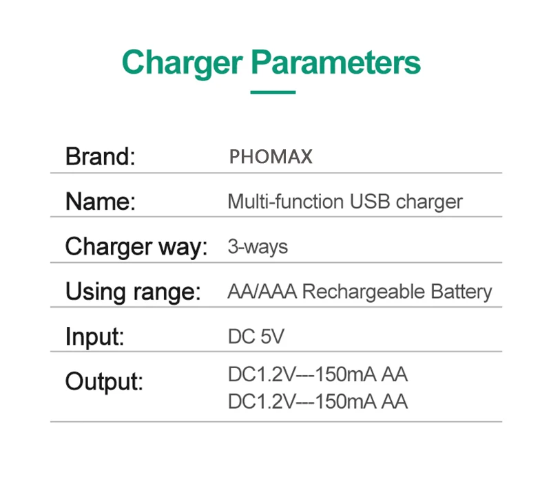Переносное быстрое зарядное устройство PHOMAX aa aaa 1 2 В 3 шт. Ni MH / Cd аккумуляторные