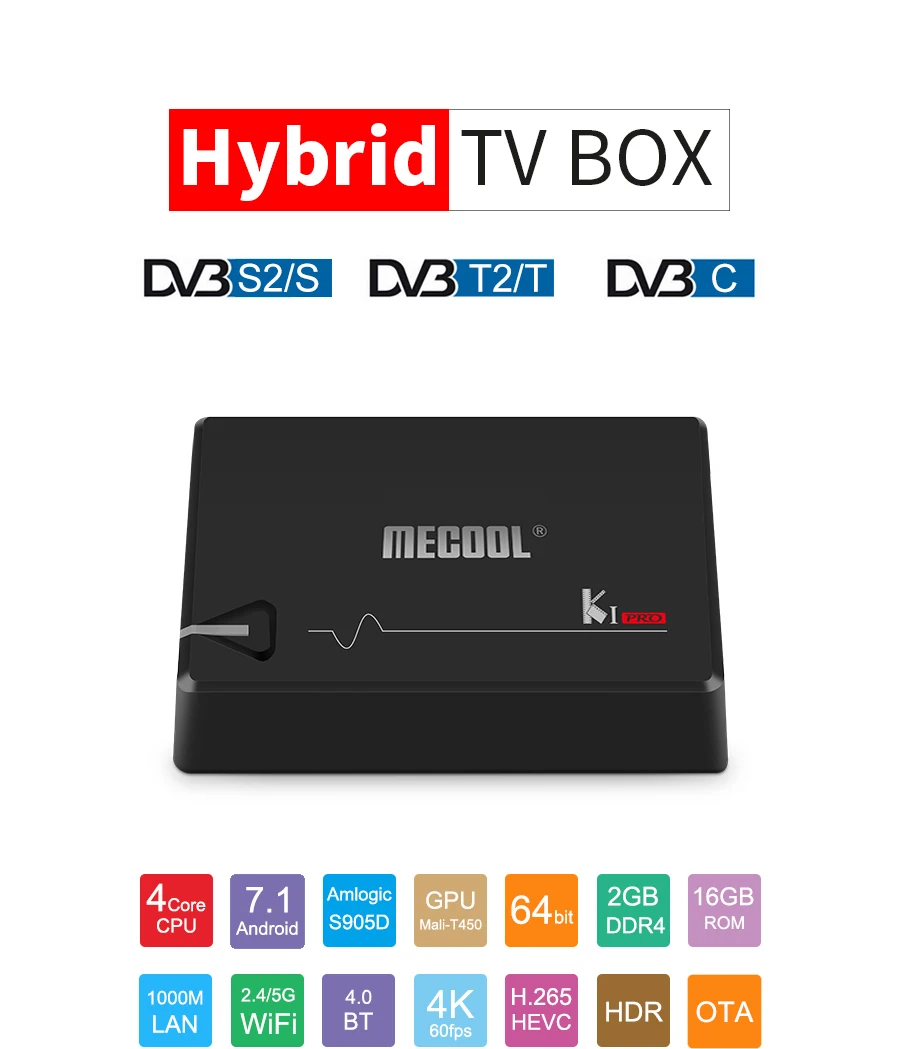 MECOOL KI PRO DVB Android 7,1 smart tv Box DVB-T2/DVB-S2/DVB-C Amlogic S905D Quad 2G+ 16G поддержка телеприставка Clines PK KII PRO