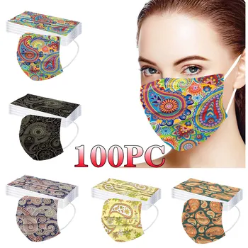 

100pc Adult Cashew Print Face Mask Three Layer Nonwove Masque Unisex Disposable Earloop Protective Breathable Face Masks Маска