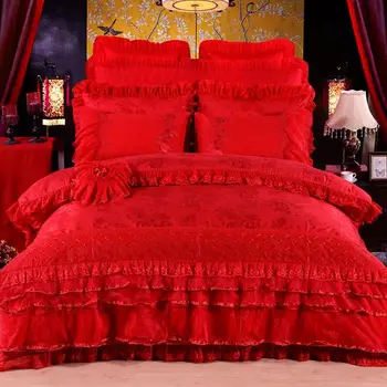

Silk Cotton Satin Jacquard Feel love Luxury Wedding Bedding Set Lace Duvet Cover Set Bedspread Queen King size 4/6/8/10pcs