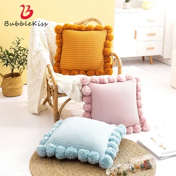 

Bubble Kiss Pure Color Balls Throw Pillow Cover Fashion Knitted Office Waist Pillow Case Modern Home Sofa Square Cushion Cover