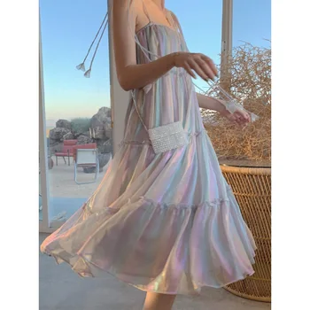 

Women Shinny Rainbow Colorful A-line Slip Dress Elegant Princess Long Dress Tessel Sundress Party Dress New Arrival Big Size