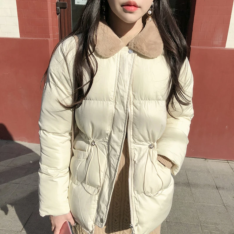 beige SHENGPALAE, новинка, модные осенне-зимние женские хлопковые куртки с меховым воротником и завязками, Свободные повседневные корейские женские куртки 9A429 - Цвет: beige