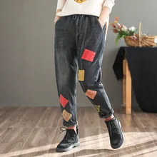 Зимние джинсы в стиле ретро, женские свободные флисовые теплые джинсовые штаны с эластичной резинкой на талии, новинка, женские Лоскутные отбеленные повседневные брюки