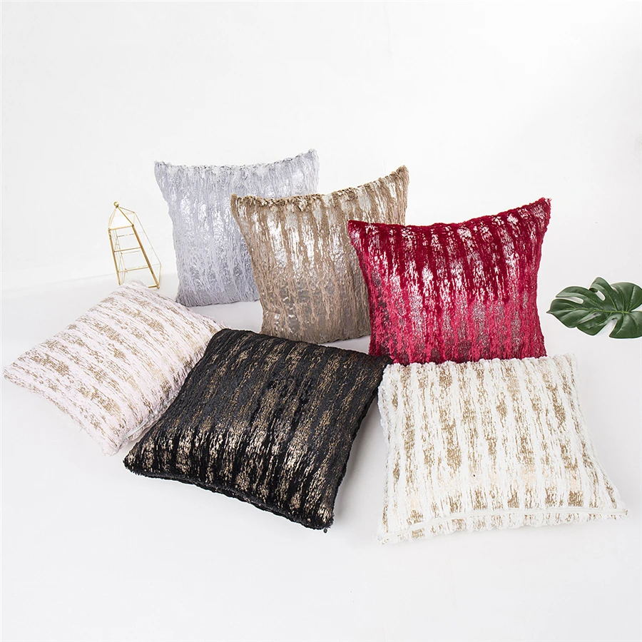 

Plush Home Decorative Cushion Cover For Sofa Furry Bronzing Striped Pillowcases Square Luxury Throw Pillow Cover Almofada Kissen