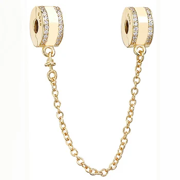 

New 925 Sterling Silver Bead Charm Gold Color Insignia With Crystal Safety Chain Clip Beads Fit Bracelet DIY Jewelry