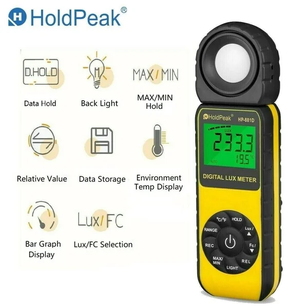

HP-881D Digital Illuminance Light Meter, 0.01~400,000 Lux Foot Candles Luxmeter with 270Âº Rotated Sensor Light Tester