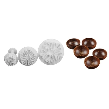 

3Pcs Snowflake Plunger Cutter Fondant Cake Cookie Biscuit Mold & 5x Coconut Bowl Soup Salad Noodles Rice Bowl Wooden