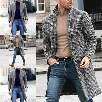 

Fashion Men's British Casual Wool Trench Winter Warm Jacket Black White Plaid Windbreaker Office Street Outwear Long Overcoat