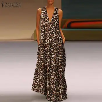 

ZANZEA Stylish Summer Printed Maxi Dress Women's Leopard Casual Sleeveless Tank Vestidos Female V Neck Robe Plus Size Sundress