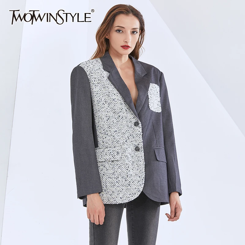 

TWOTWINSTYLE Patchwork Hit Color Blazer For Women Notched Long Sleeve Casual Blazers Female 2020 Fashion New Tide Clothing Fall