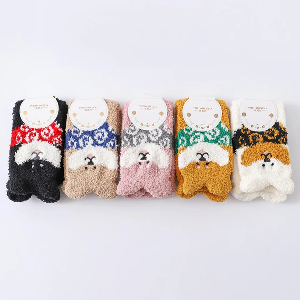 Winter Women Socks Cartoon Puppy Coral Fleece Floor Socks Lovely Thickening Cotton Middle Socks Keep Warm Socks Christmas Gifts