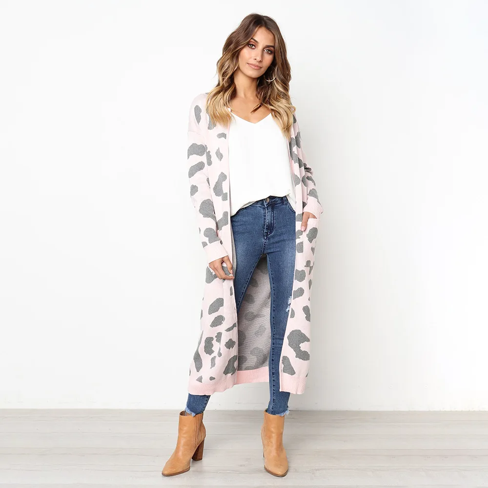 Autumn New Women Leopard Leisure Ins Style Knitted Long Cardigan Long Sleeve Sweater Overcoat Female Lady Outwear Coats
