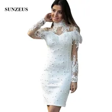 Аппликации с длинным рукавом жемчуг бисером короткое платье для выпускного вечера оболочка Высокая шея вечерние платья для выпускного вечера девушки SGA01