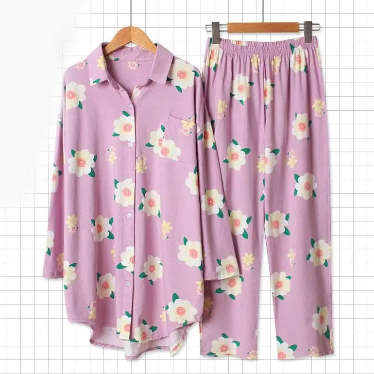 

New Loose Sleepwear Set Flower Print Pajamas Sets Pajamas Sets Women Long Sleeve Shirt Nightwear Set