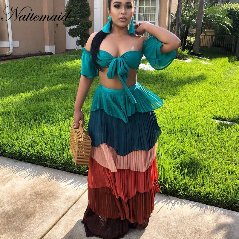 Vestido de fiesta largo plisado, falda larga de verano, sin tirantes, dos piezas