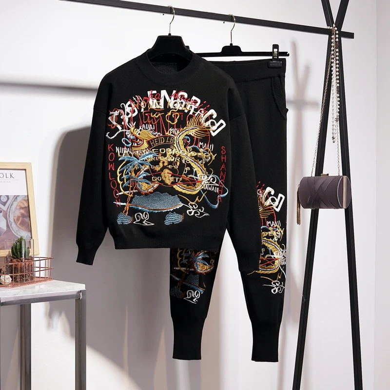 

Black Tracksuit Knitted Outfits Women 2pc Tracksuit Letter Embroidery Sweater Pencil Pants Set Female Loose Knit Suit Streetwear