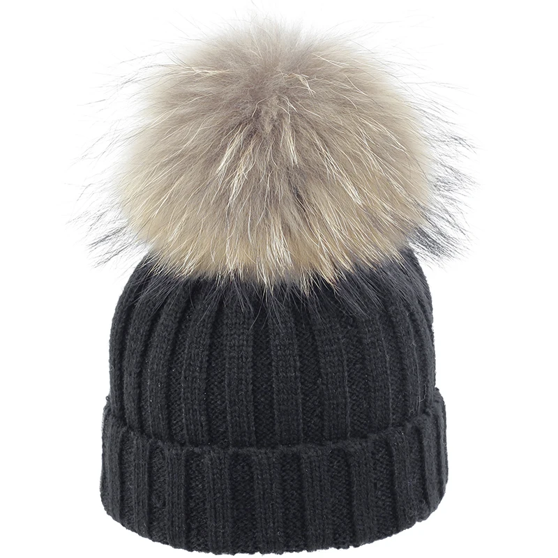 Geebro/мягкие зимние шапки с помпоном из натурального меха для маленьких мальчиков и девочек, детский акриловый ребристый вязаный шапочки, шапки и шапки - Цвет: black A
