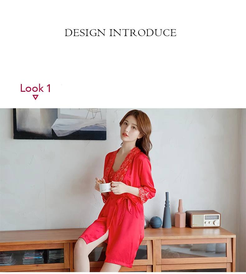 Conjunto de Pijama Conjuntos de 3 Sexy Silk Dormirwear Feminino Peças Verão Estilingue Shorts Robes Cetim Seda Vermelho Pijama X3215 Ice 4 3 peças conjunto de pijama verão estilingue