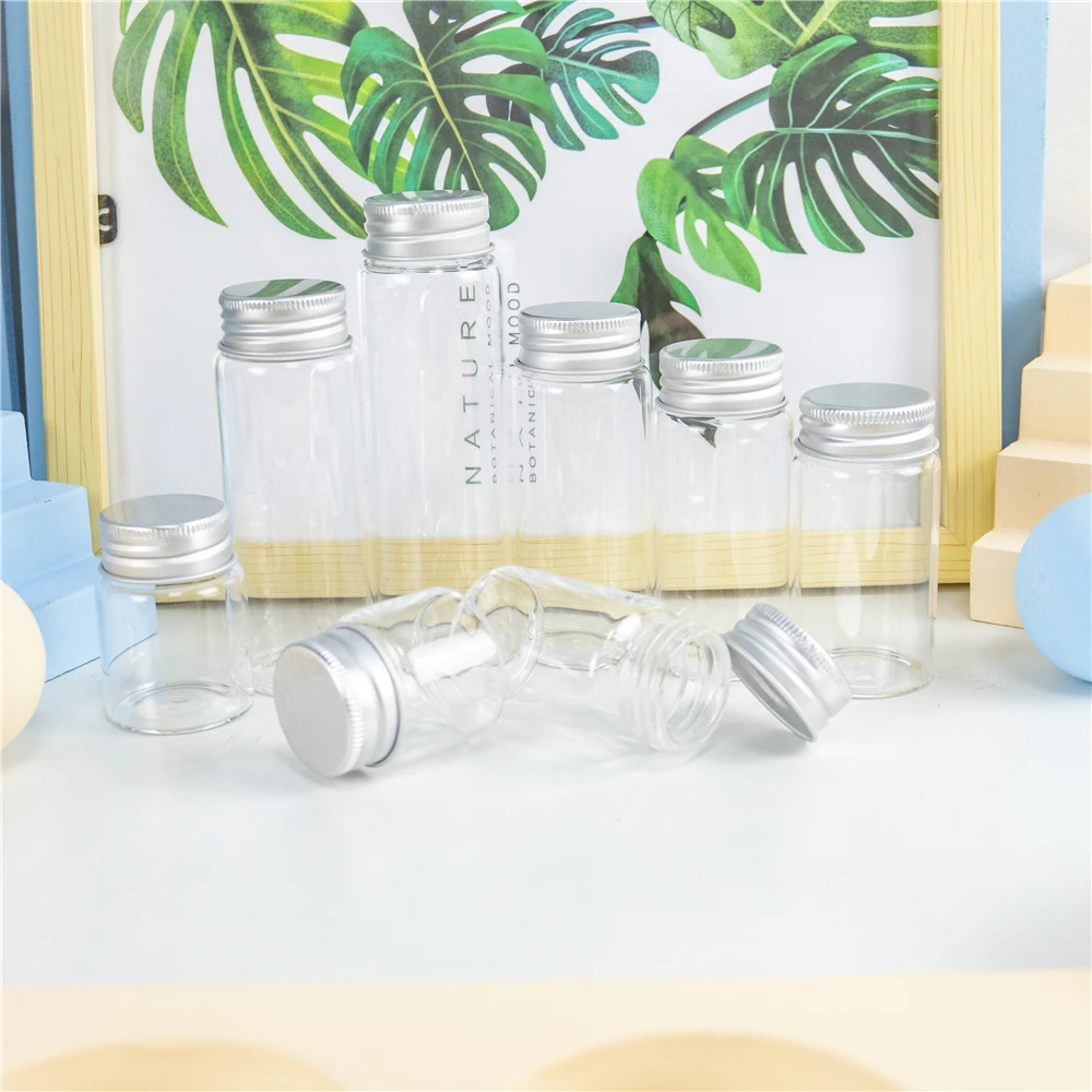 

24Pcs Clear Empty Glass Bottles 25ml 30ml 40ml 50ml 60ml 70ml 80ml 90ml Gifts Jar Silver Aluminum Lid Refillable Vials