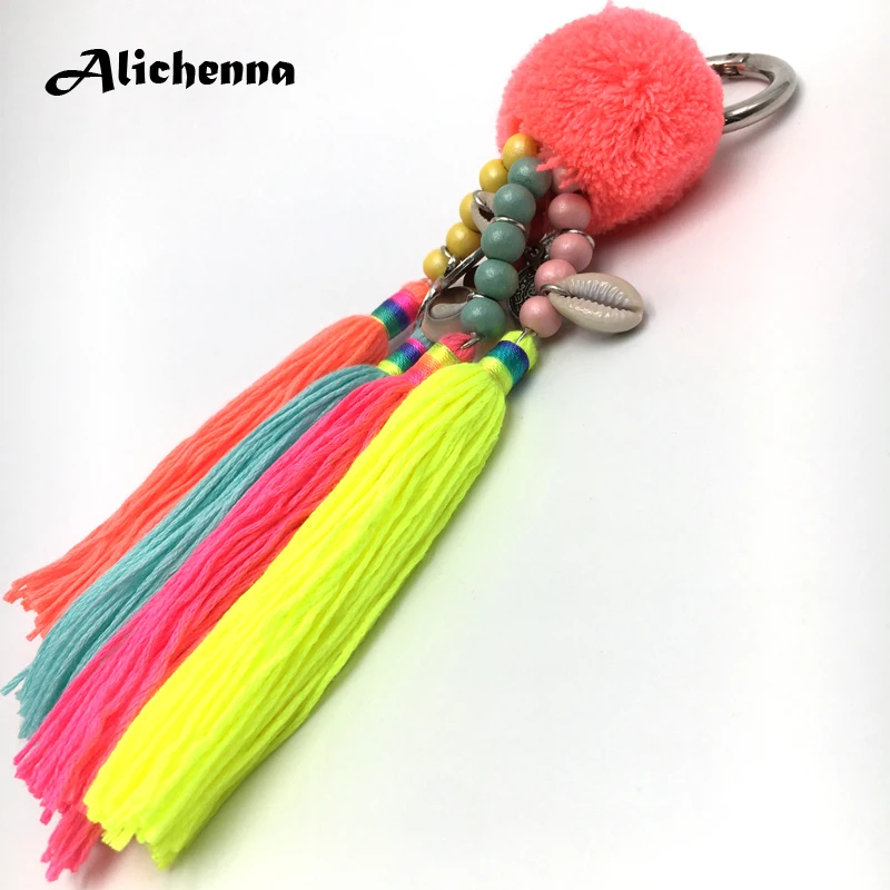 

Handmade Keychain Boho Colorful Hair Ball Wooden Beads Tassel Fashion Exquisite Bag Pendant Wallet Chain Keychain Charm Women