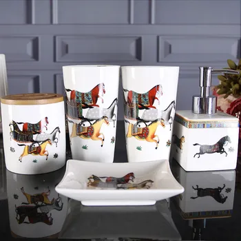 

Bathroom Accessories Set Ceramic Soap Dispenser Toothbrush Holder Gargle Cup Soap Dish With Bamboo Tray Wedding Birthday Gifts