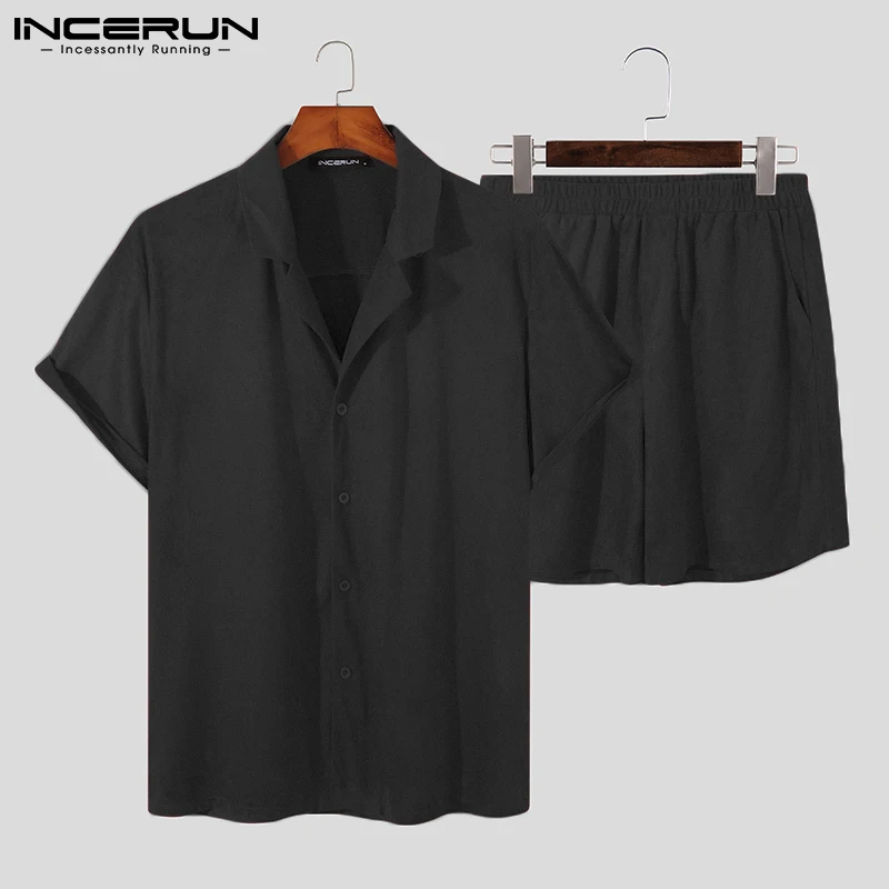 2021 Men Casual Sets Streetwear Solid Color Suede Fabric Lapel Short Sleeve Shirt Elastic Waist Shorts Men Suits S-5XL INCERUN - Image 3