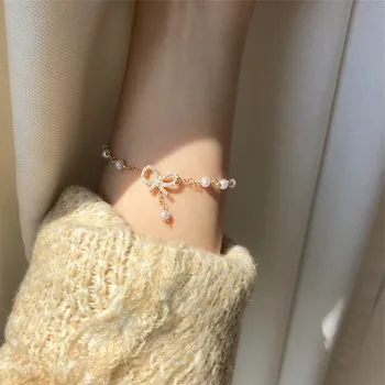

LISM 925 Sterling Silver Crystal Pearl Sparkling Bowknot Charming Bracelet For Women Bracelet &Bangle Wedding Birthday Jewelry