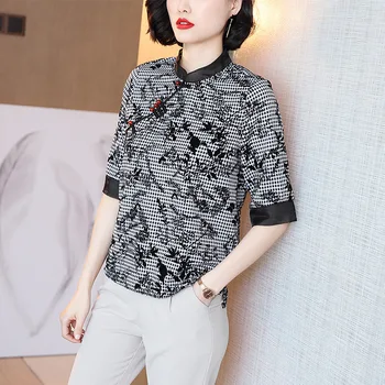 

2020 Women Spring Summer New Western Style T Shirt Cheongsam Frog Stand Collar Tops Female High Fashion Flocked Gauze T-shirt