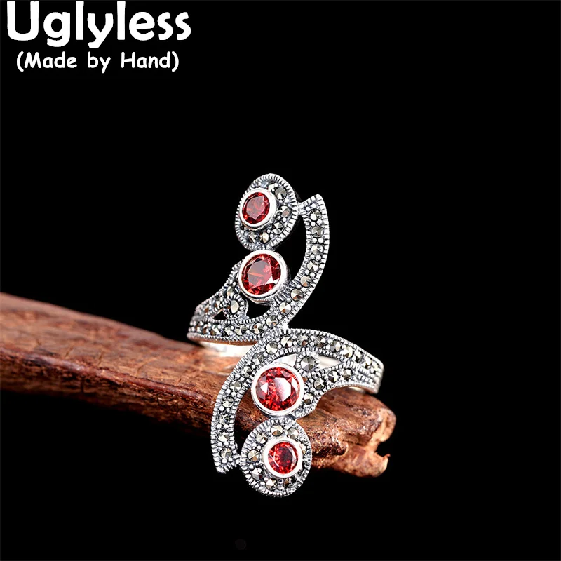 

Uglyless Irregular Creative Wide Rings for Women Fashion Garnet Open Rings Thai Silver 925 Silver Hollow Marcasite Jewelry R858