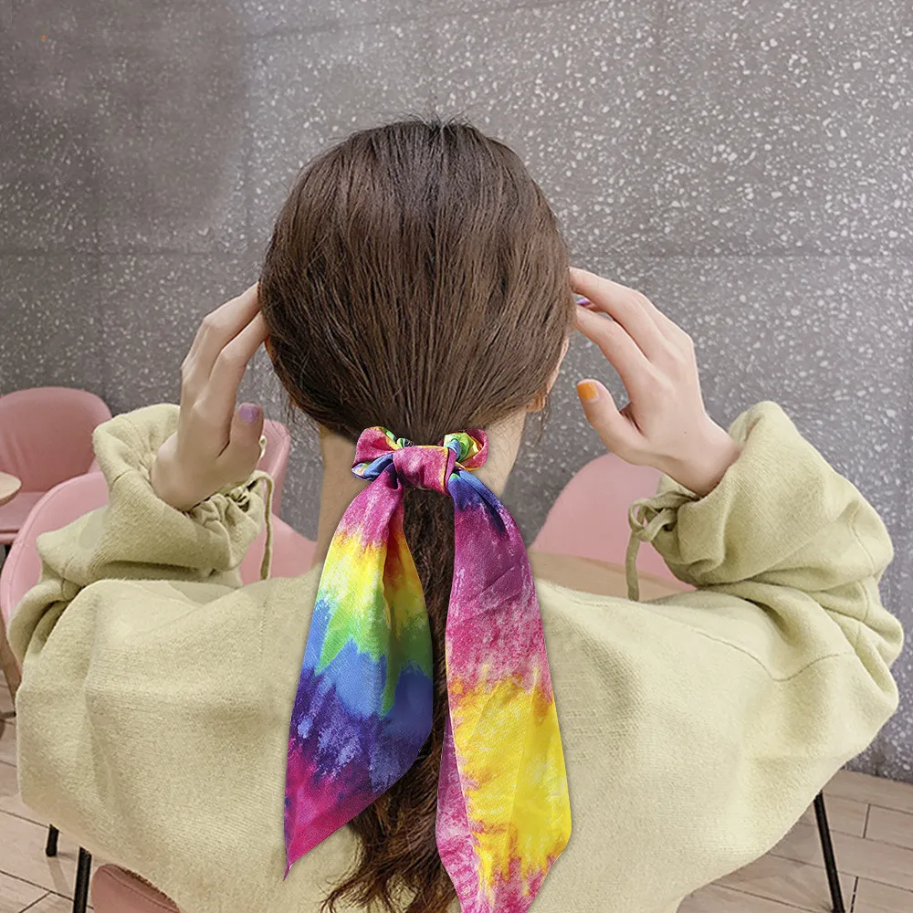 

1PC Knotted Hair Rope Tie-dye Fabric Streamers Elastic Hair Band Woman Printing Tie-dye Color Hair Scrunchies Hair Accessories