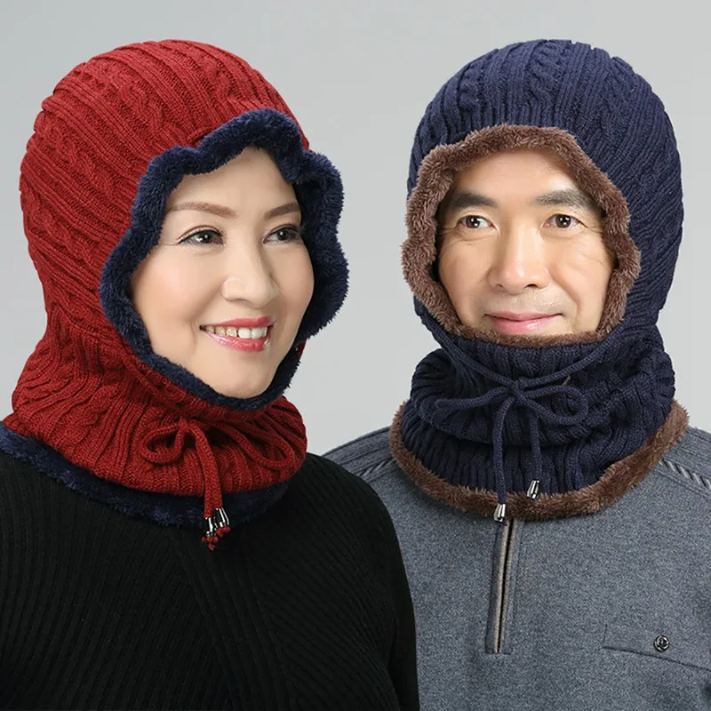 

Knitted Balaclava Autumn Winter Drawstring Fluffy Face Mouth Mask Scarf Warmer Hat For Women Men