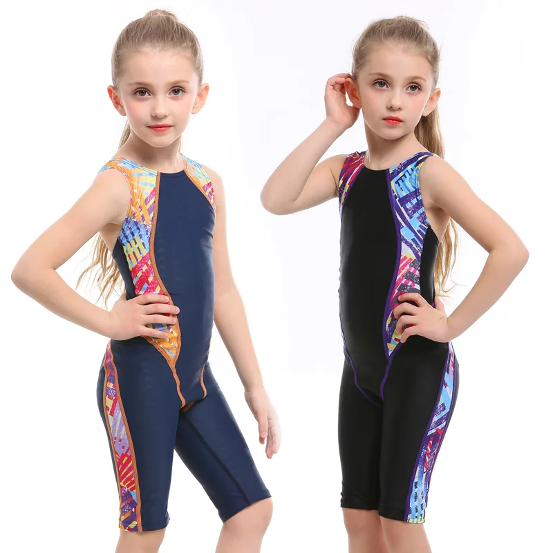 Спортивный детский купальник с вырезом до колена, соревнование, Цельный купальник, купальный костюм для девочек, лоскутный купальный костюм