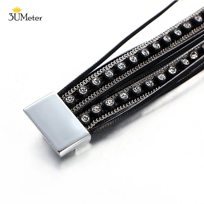 Fashion Black Multiple Layer Leather Bracelet Metal Bead Wrap Bracelets Magnetic Clasp Charm Bangle Jewelry For Women Femme