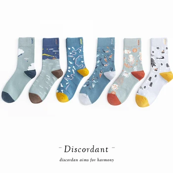 

6 Pair 2020 Novel Retro Printed Socks Small Fresh Harajuku Pattern High-quality High-top Cotton Socks Couple Socks