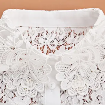

Women Women Blouse Sweater Round Neck Fake False Collar Detachable Sheer Embroidered Floral Lace Solid Half Shirt Tie Button