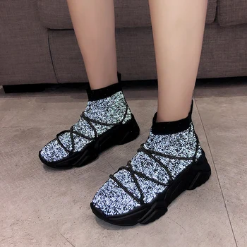 

Ladies Reflective Shoes High Top Sneakers Women Flats Comfortable Platform Shoes Women Casual Vulcanized Shoes Woman Autumn 2019