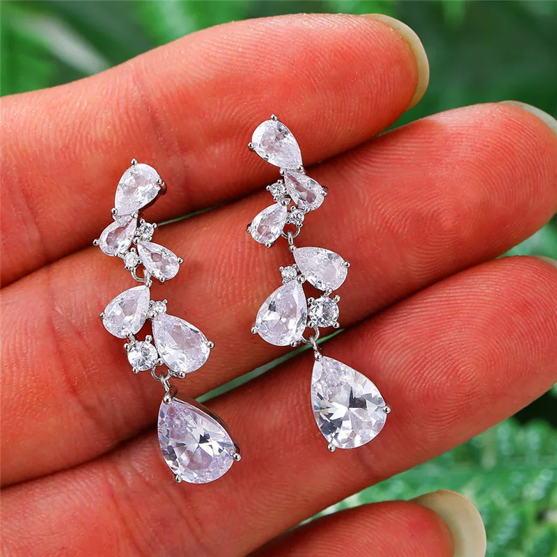 Silver/Zircon Leaf Rose Earrings