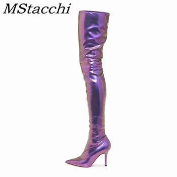 

Mstacchi Woman Gradual Change Sewing Thigh High Boots Motorcycle Girl Punk Thin Heels Zipper Knee Boots Pointed Toe Solid Boots